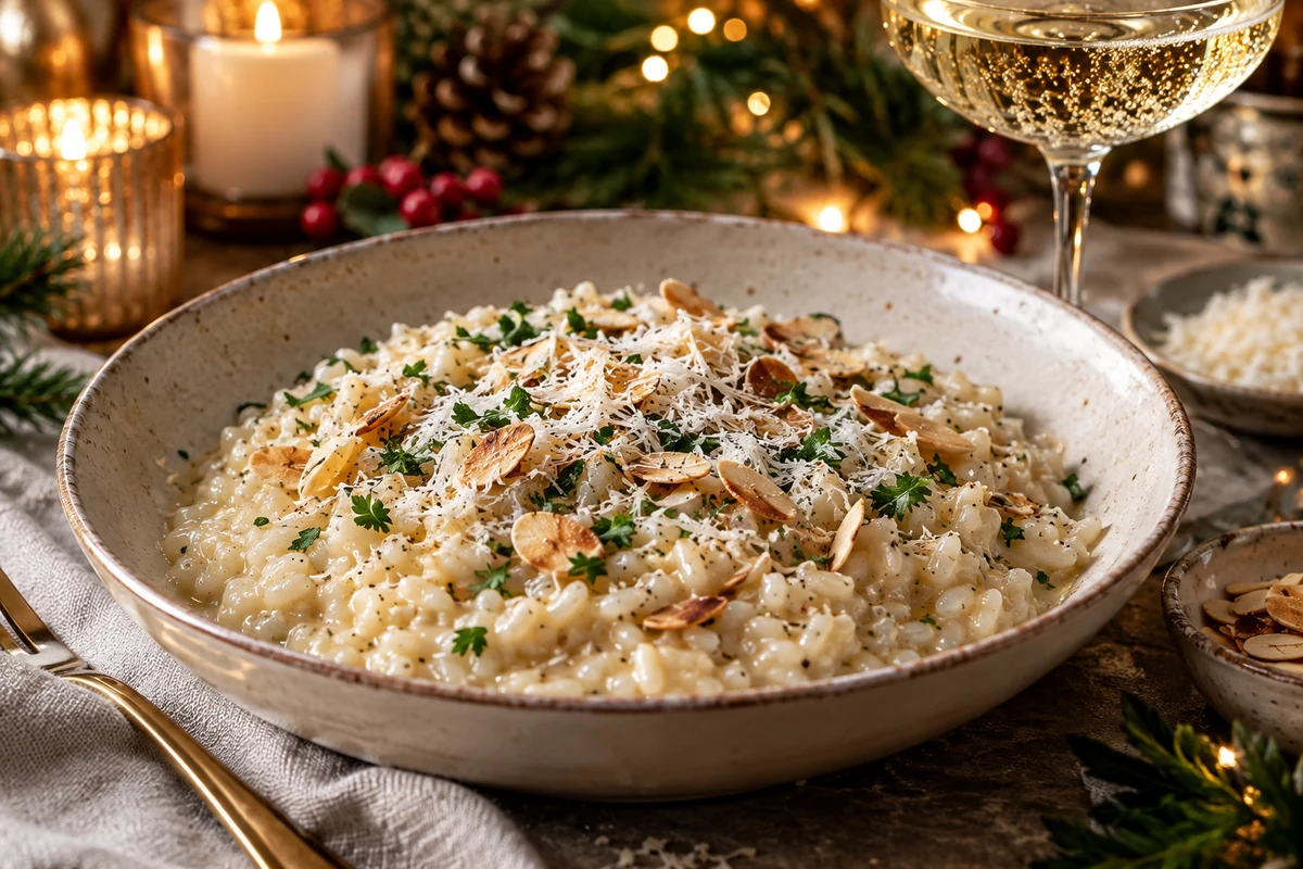 Creamy Champagne risotto topped with toasted flaked almonds