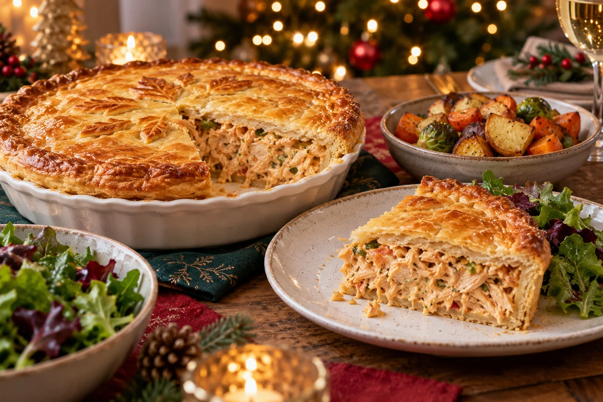 Creamy chicken pie with salad on a Christmas table