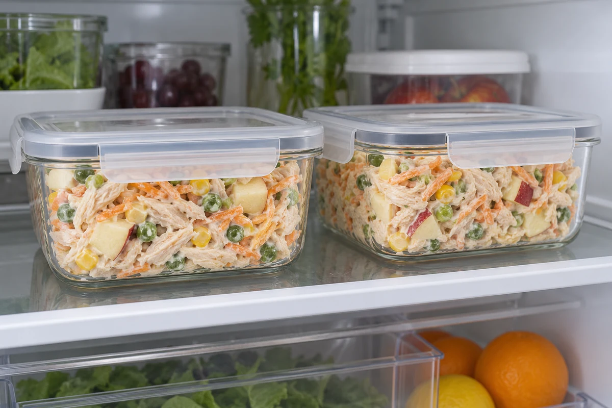 Creamy chicken salad stored in sealed fridge containers