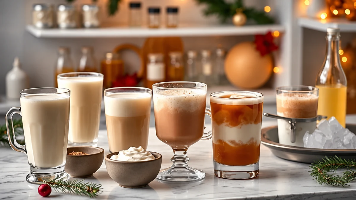 Creamy drinks and bowls of cream beside a fridge