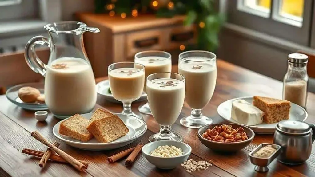 Creamy eggnog served in a jug with glasses Creamy eggnog served in a jug with glasses