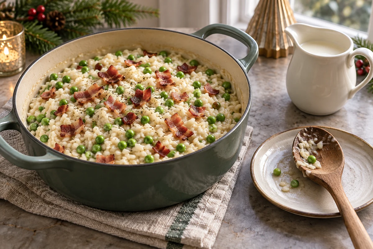 Creamy festive rice with peas and bacon