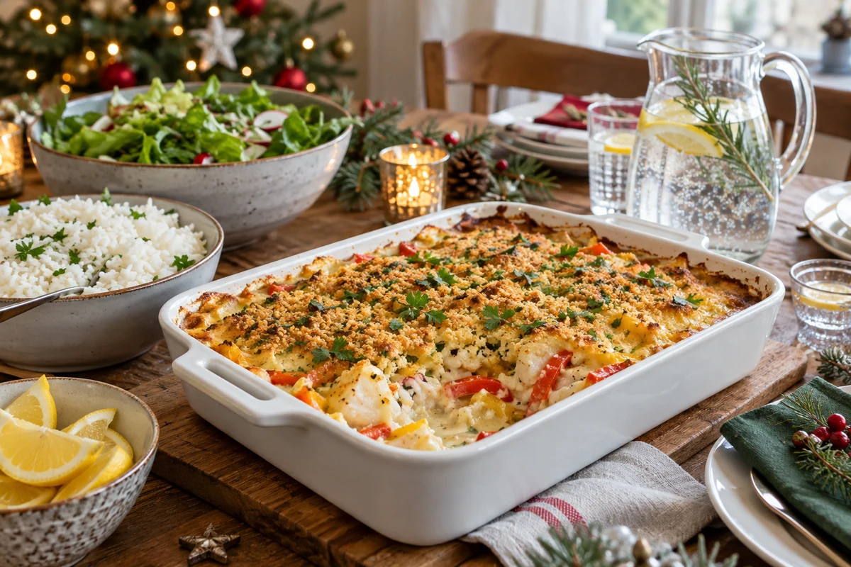 Creamy fish bake served with rice and salad at Christmas
