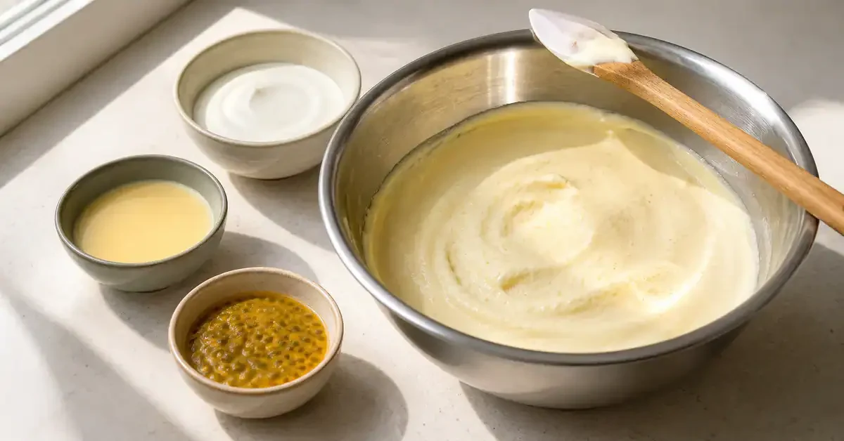 Creamy mousse mixture in a mixing bowl