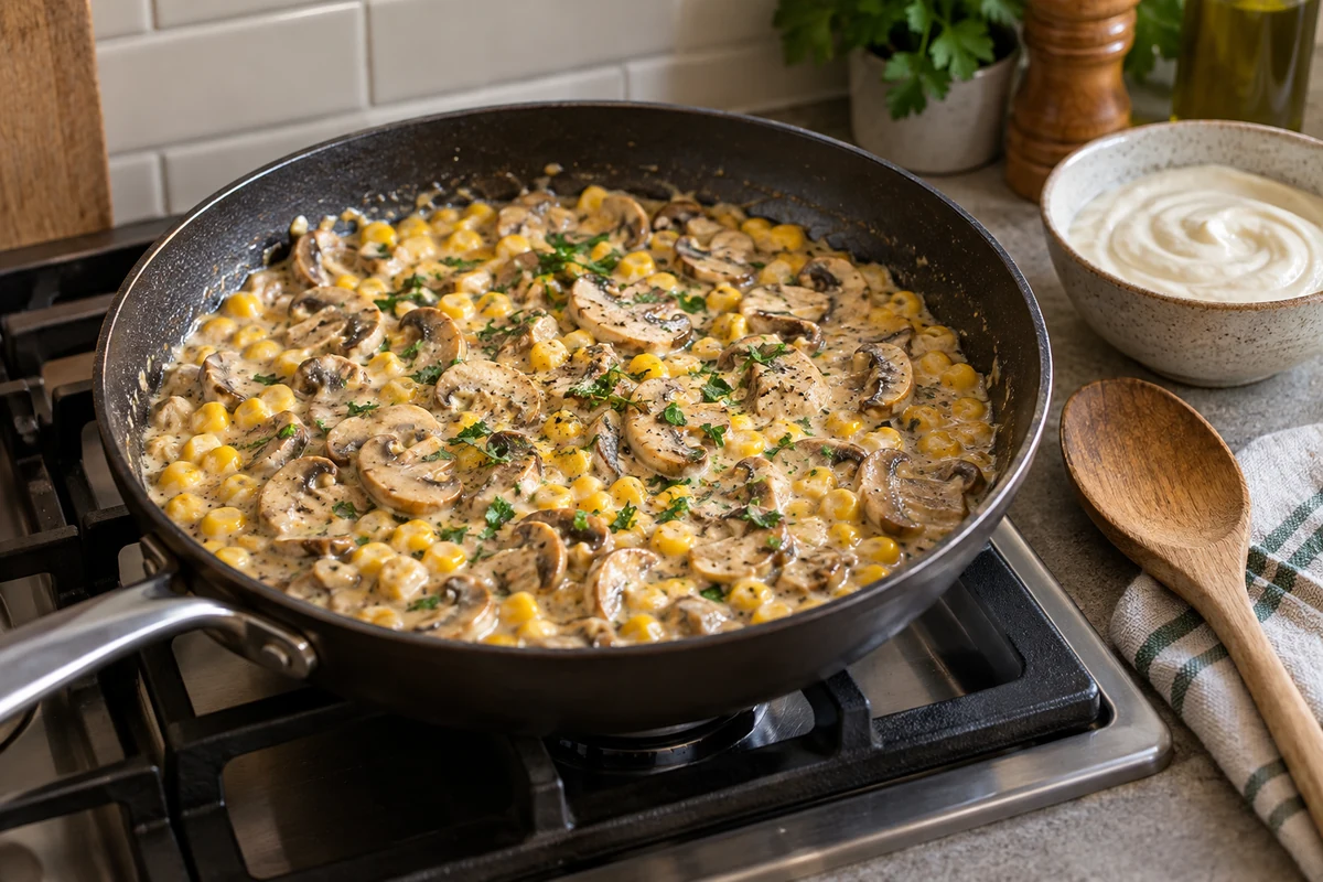 Creamy mushroom and sweetcorn fricassee in a frying pan