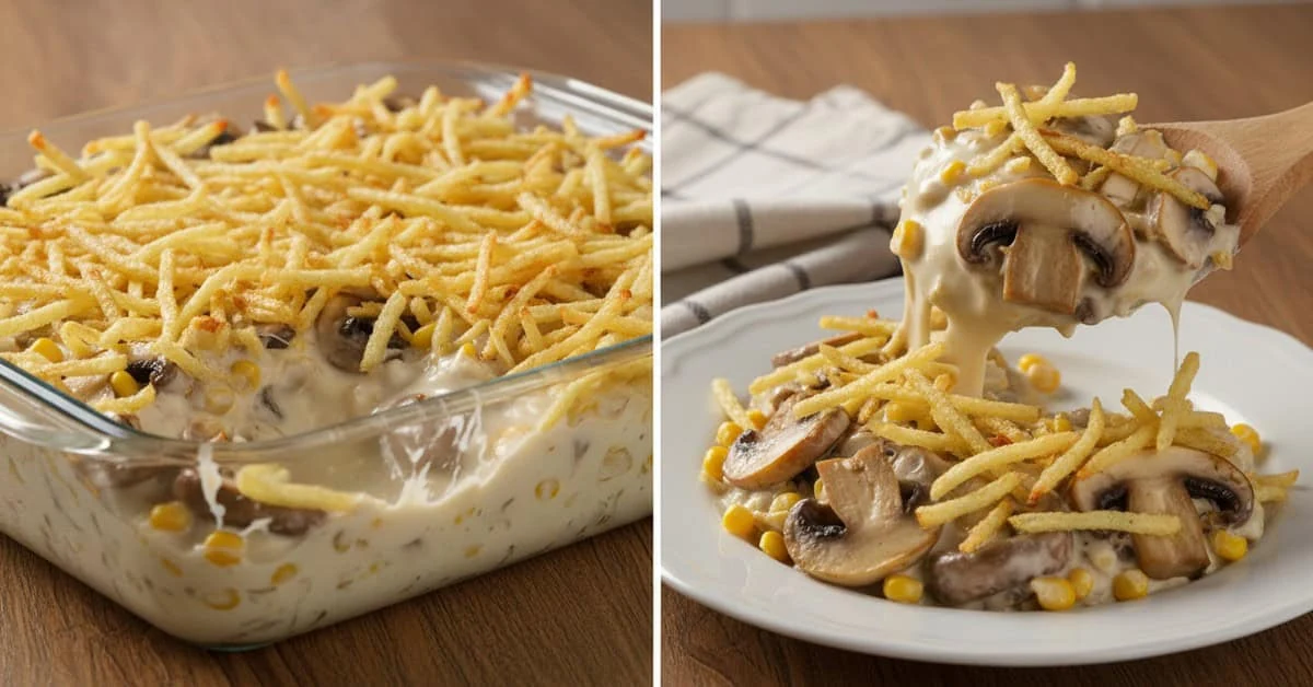 Creamy mushroom fricassee with crisp potato sticks