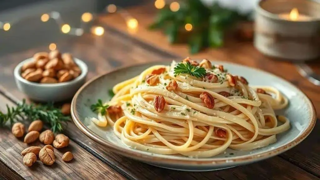 Creamy pasta with nuts and herbs