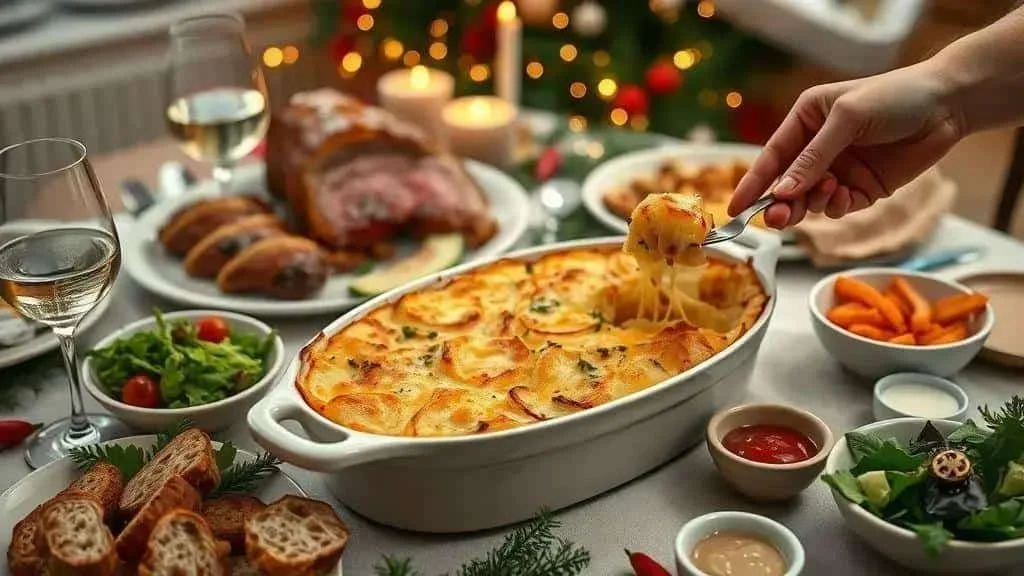 Creamy potato gratin being served at a Christmas meal