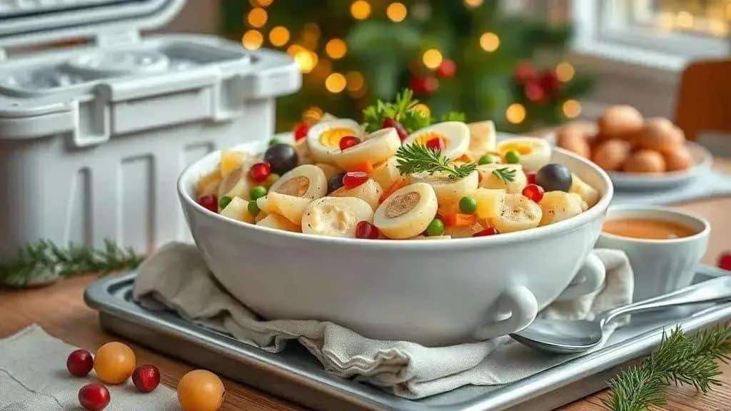 Creamy potato salad beside refrigerated storage space