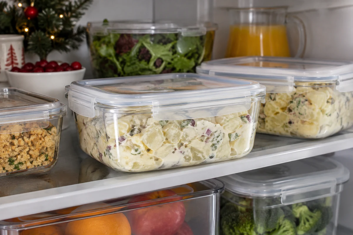 Creamy potato salad in covered shallow fridge containers Creamy potato salad in covered shallow fridge containers