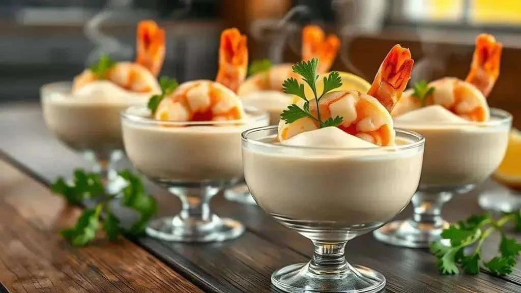 Creamy prawn starters in glasses with cooked prawns and parsley