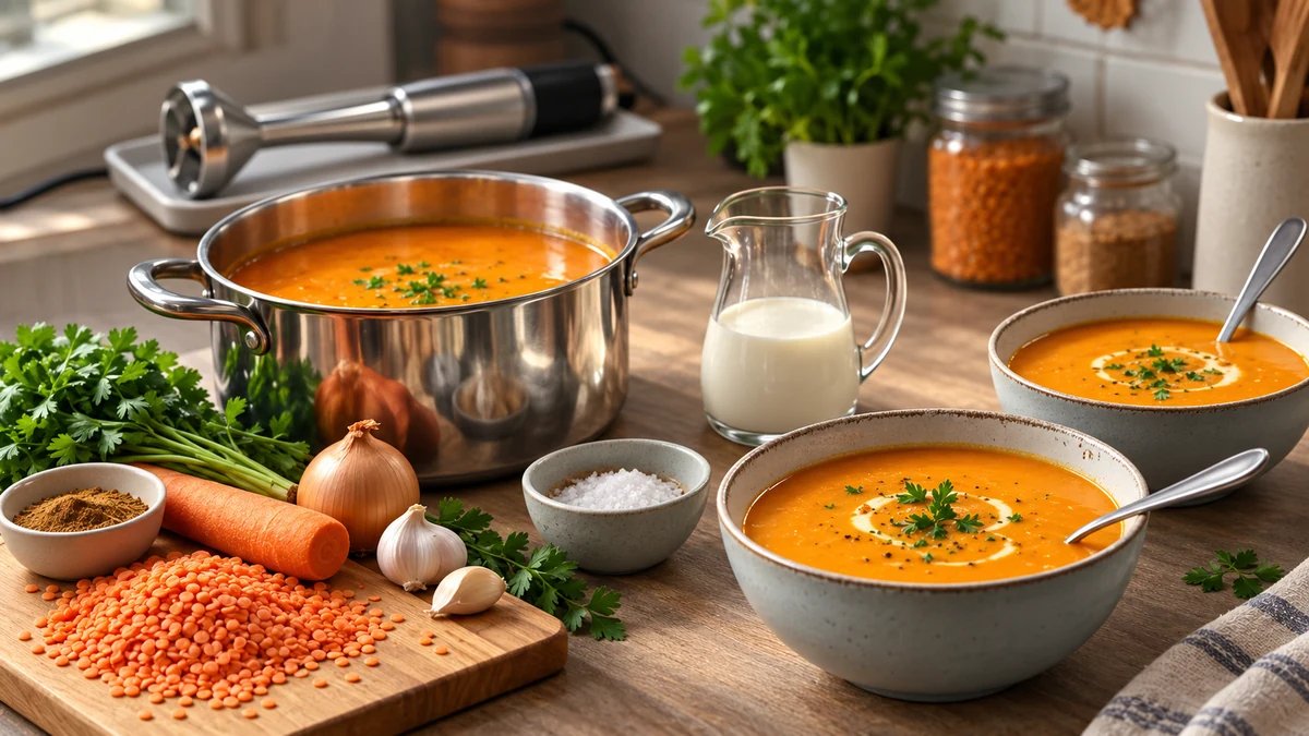 Creamy red lentil soup in a saucepan and bowls beside vegetables and a blender