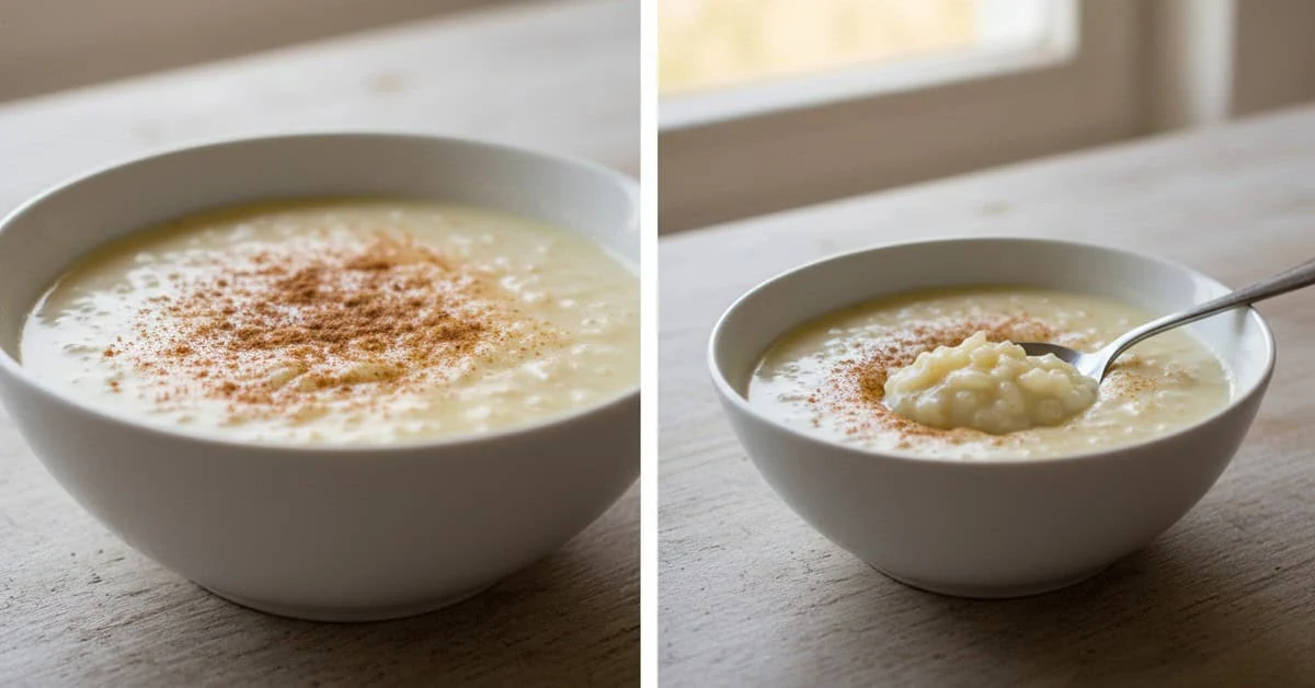 Creamy rice pudding bowls with cinnamon and visible rice grains