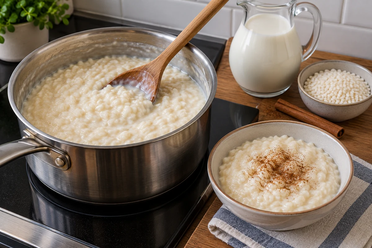 Creamy rice pudding cooking in a saucepan