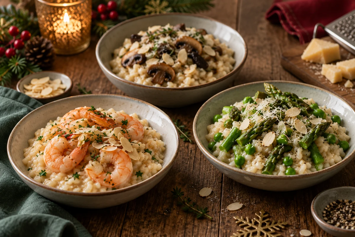 Creamy risotto variations with prawns, mushrooms and green vegetables