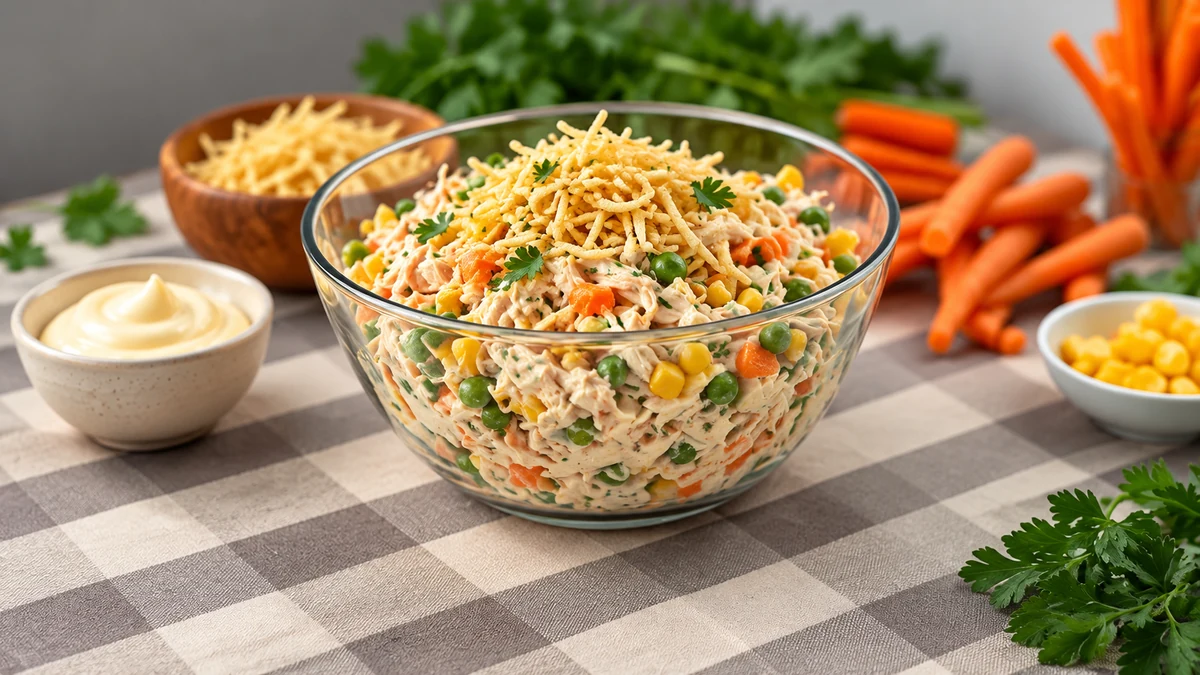 Creamy salpicão chicken salad topped with shoestring potato crisps