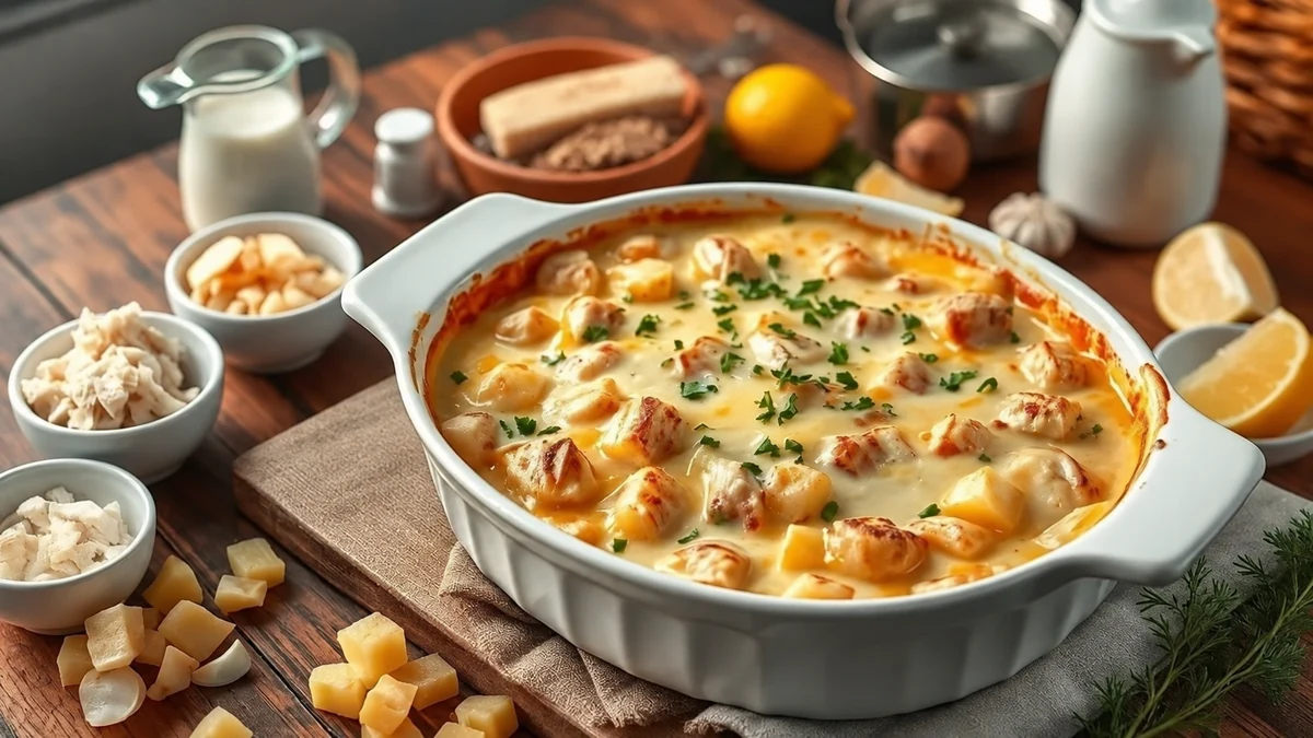 Creamy salt cod and potato gratin in a white baking dish