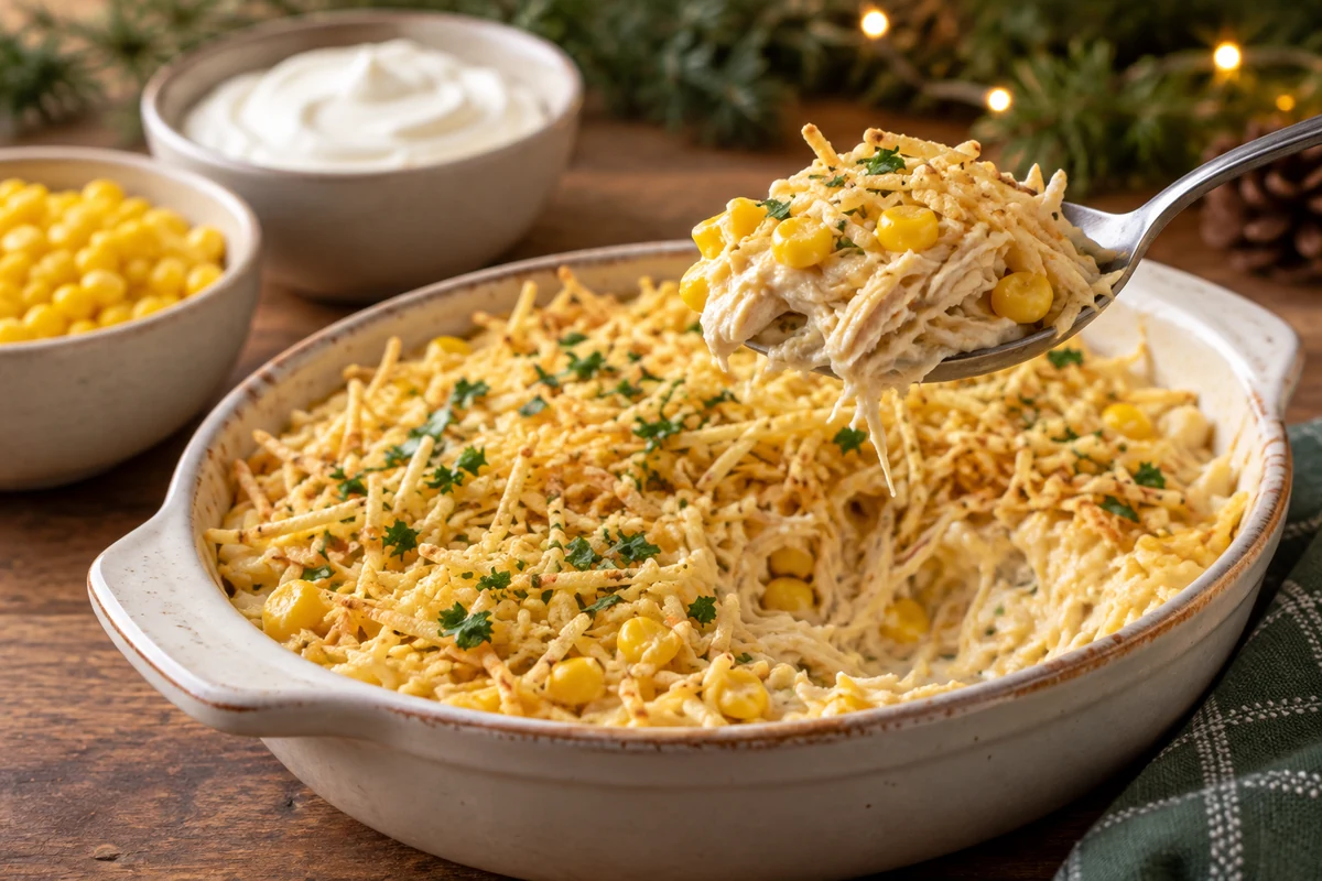 Creamy shredded chicken and sweetcorn on a serving spoon Creamy shredded chicken and sweetcorn on a serving spoon