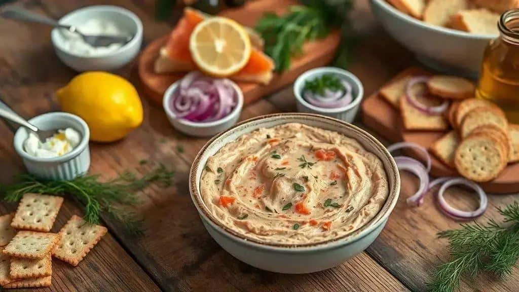 Creamy smoked salmon pate with lemon, herbs and toast