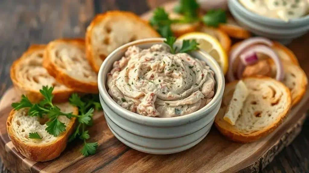 Creamy tuna pate with toast, lemon and parsley