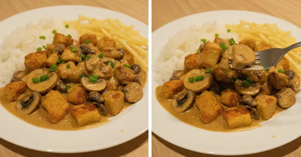 Creamy vegan stroganoff with mushrooms and potato sticks