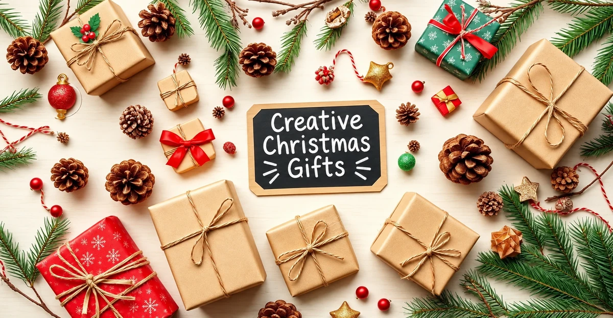 Creative Christmas Gifts chalkboard with presents and natural decorations Creative Christmas Gifts chalkboard with presents and natural decorations