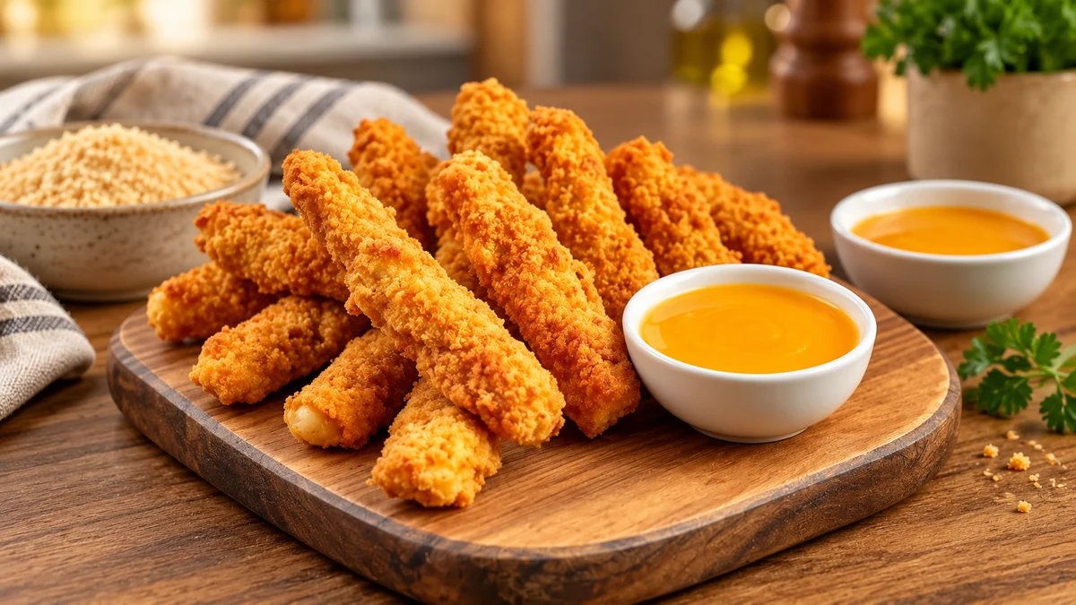 Crisp cooked chicken goujons with honey mustard dipping sauce