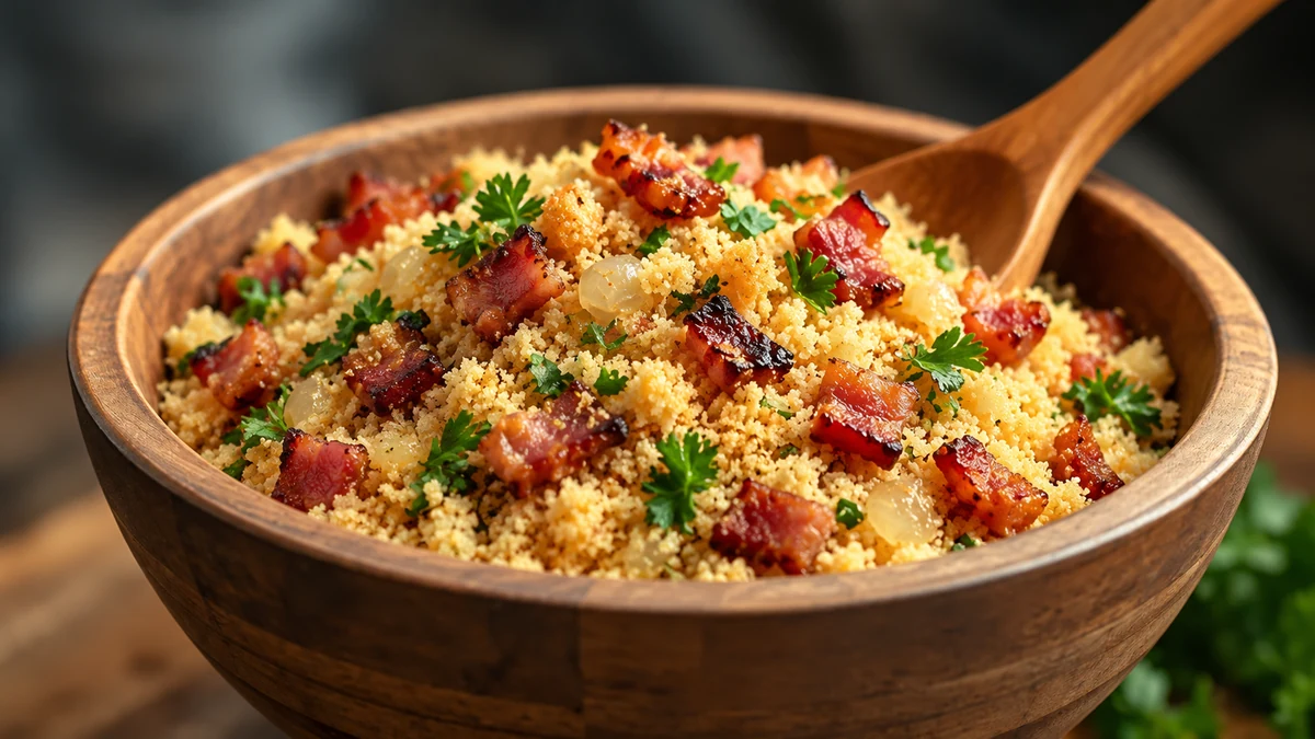 Crispy bacon farofa in a wooden serving bowl