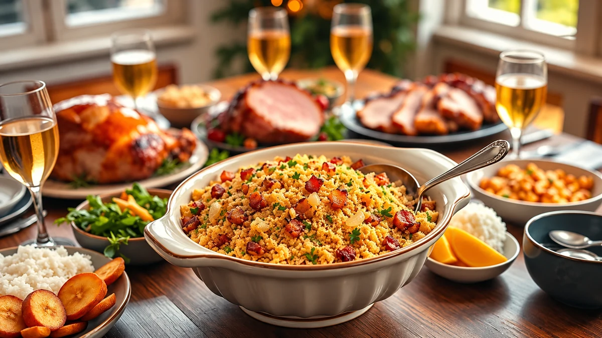 Crispy bacon farofa served with a festive roast dinner