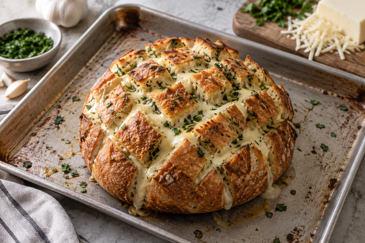 Cross-cut loaf filled with cheese and herbs on a baking tray Cross-cut loaf filled with cheese and herbs on a baking tray