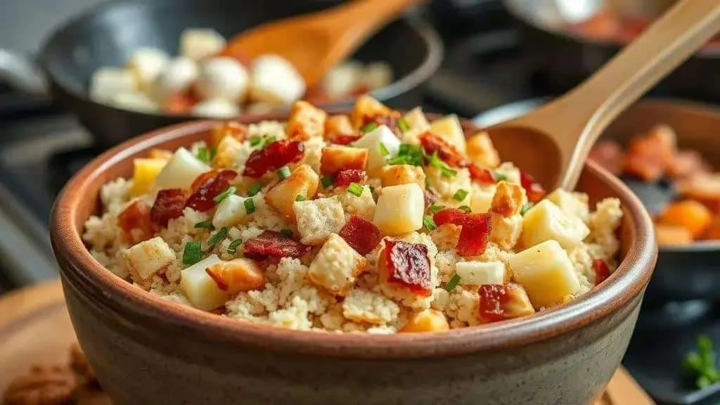 Crumbly farofa with bacon, chopped egg and herbs