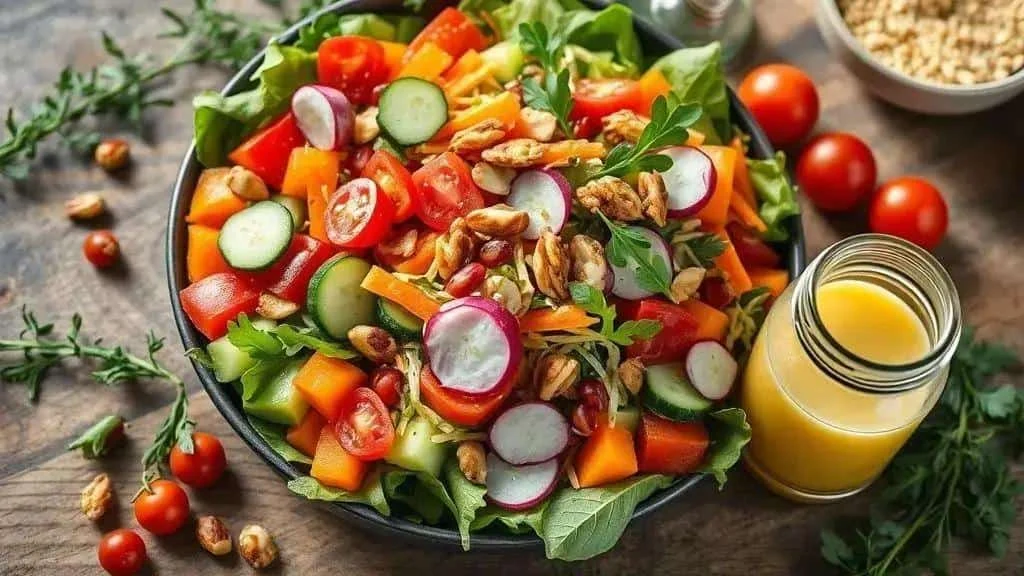 Crunchy Christmas salad with cucumber, radishes and nuts