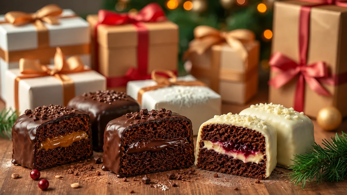 Cut Brazilian honey cakes with caramel, chocolate and berry cream fillings