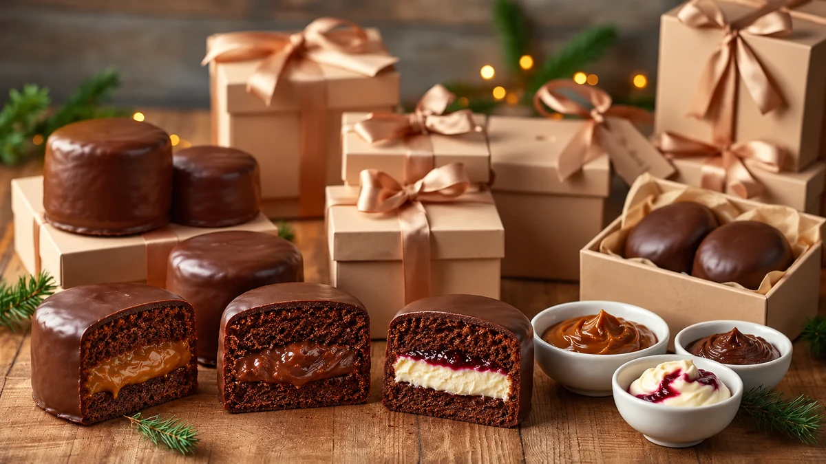 Cut honey cakes showing caramel, chocolate and berry cream fillings Cut honey cakes showing caramel, chocolate and berry cream fillings