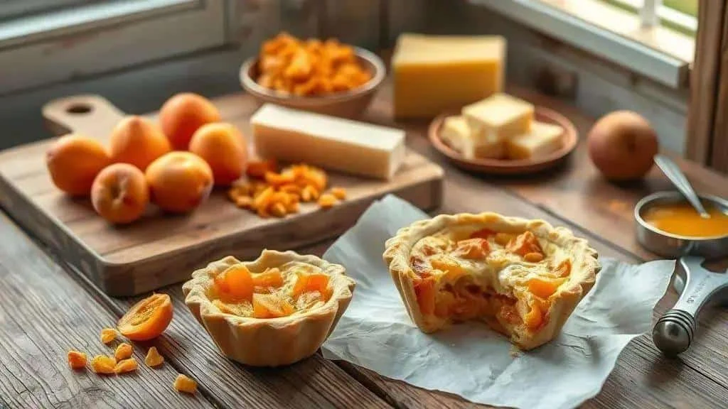 Cut mini quiche showing the cheese and apricot filling Cut mini quiche showing the cheese and apricot filling
