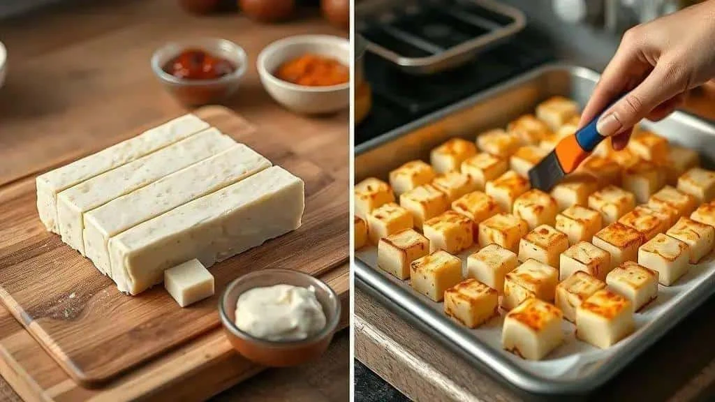 Cutting tapioca mixture into cubes and preparing a baking tray Cutting tapioca mixture into cubes and preparing a baking tray