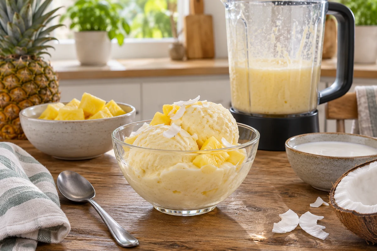 Dairy-free pineapple dessert beside a blender