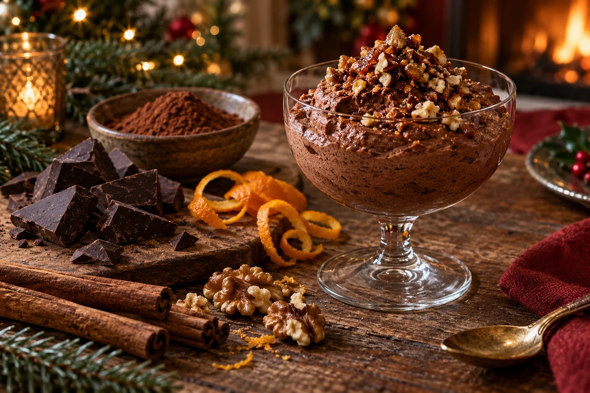 Dark chocolate cocoa orange zest and nuts beside chocolate mousse
