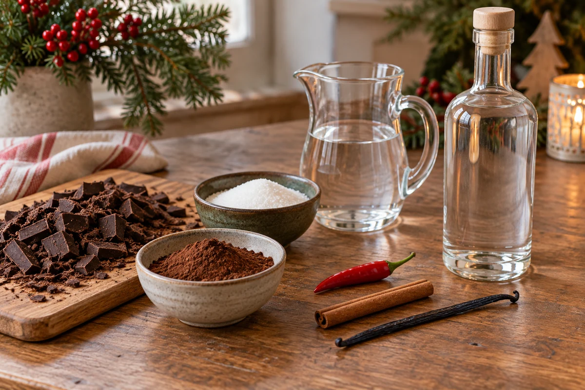 Dark chocolate, cocoa, sugar, chilli and vodka for homemade liqueur