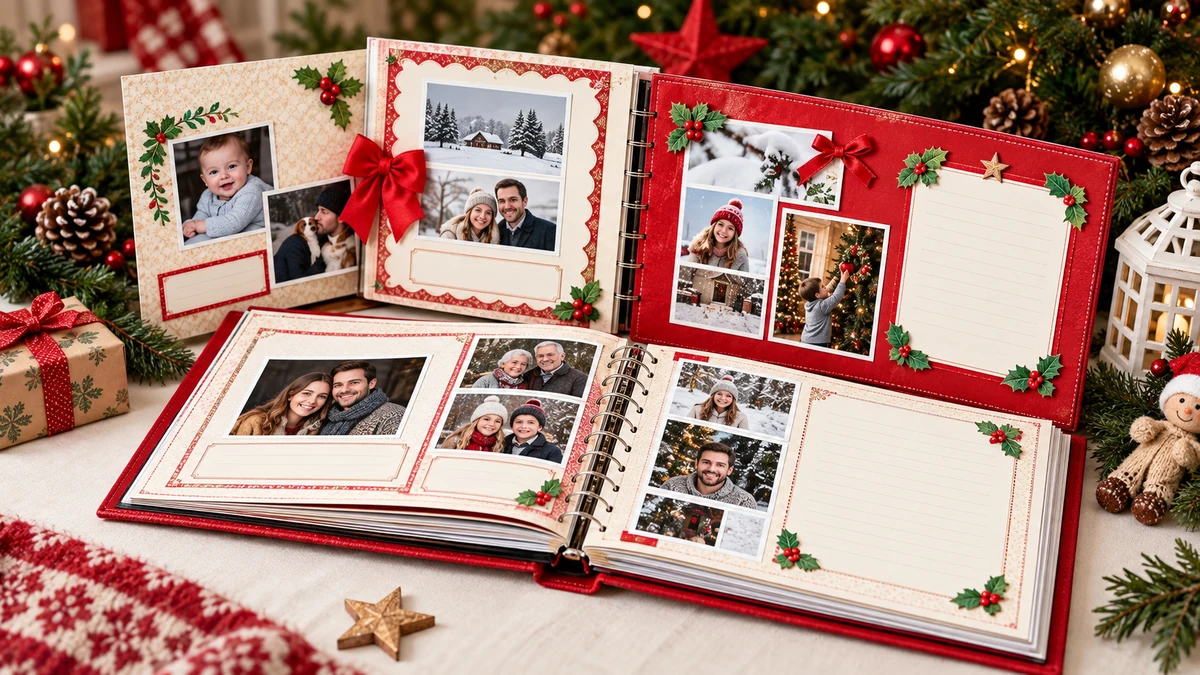 Decorated Christmas scrapbooks with family photographs