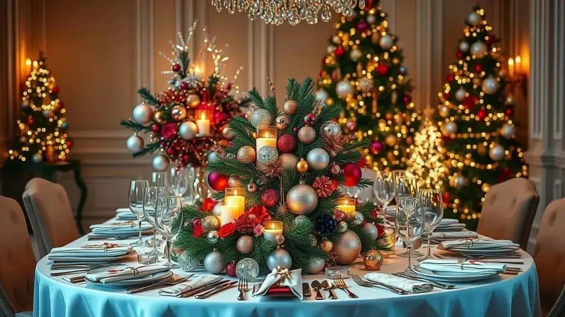 Decorated dining table with an elaborate bauble centrepiece
