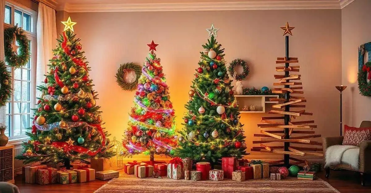 Decorated trees beside a simple wooden Christmas tree