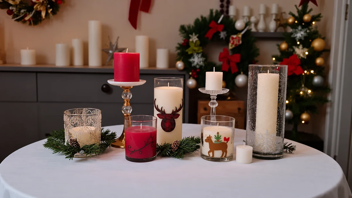 Decorated unlit candles in a festive room