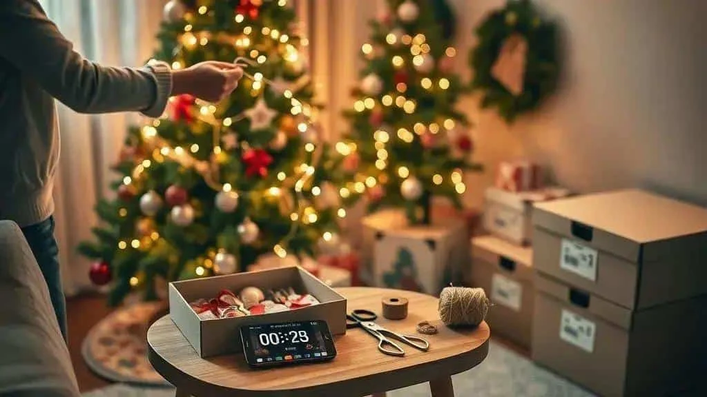 Decorating a Christmas tree with supplies close at hand