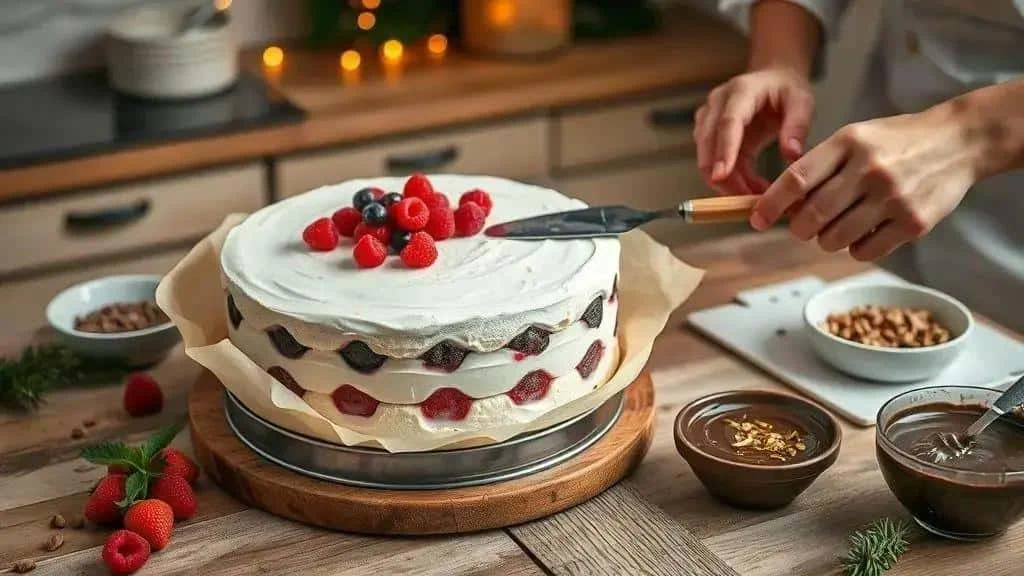 Decorating a layered Christmas ice cream cake with berries