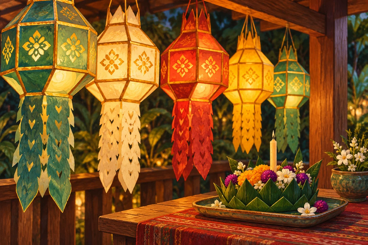 Decorative lanterns kept in place above a floral display