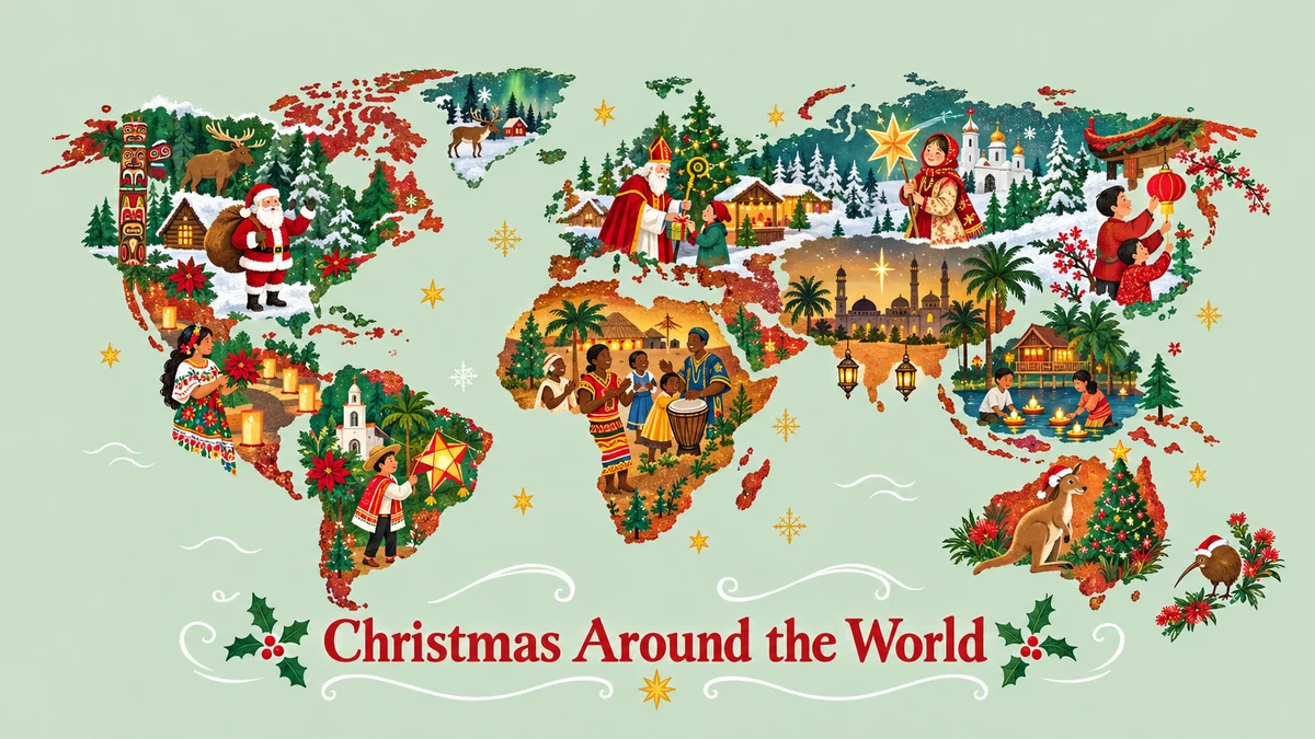 Decorative world map with festive cultural motifs