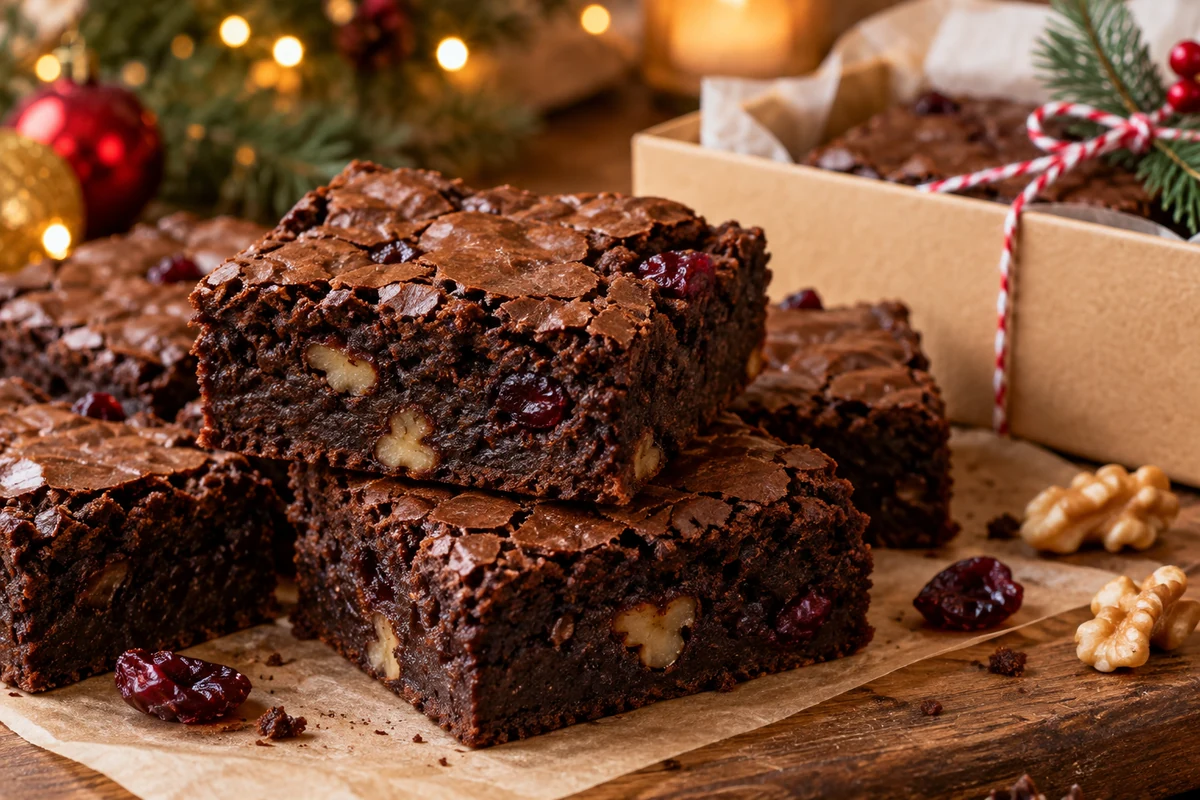 Dense chocolate brownies with a delicate crackly top