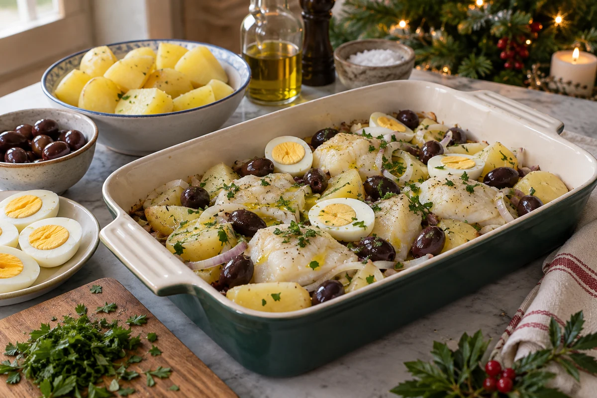 Desalted cod pieces, potatoes, olives and hard-boiled eggs prepared for baking Desalted cod pieces, potatoes, olives and hard-boiled eggs prepared for baking