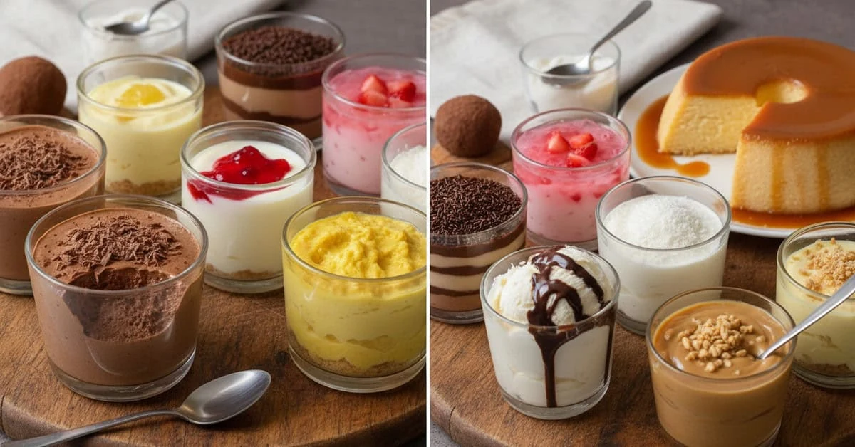 Dessert cups and caramel pudding in two serving views